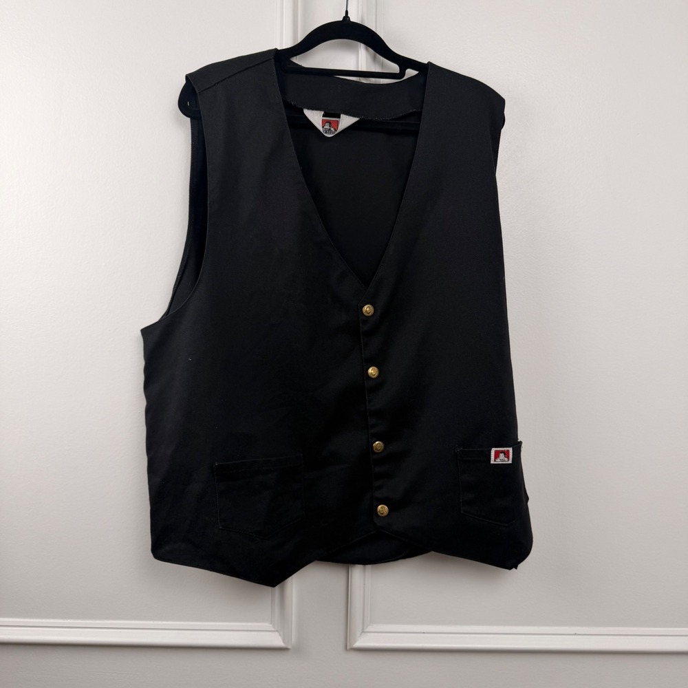 Ben Davis Mens XL Black Twill Workwear Vest Brass Logo Buttons Gorilla Patch